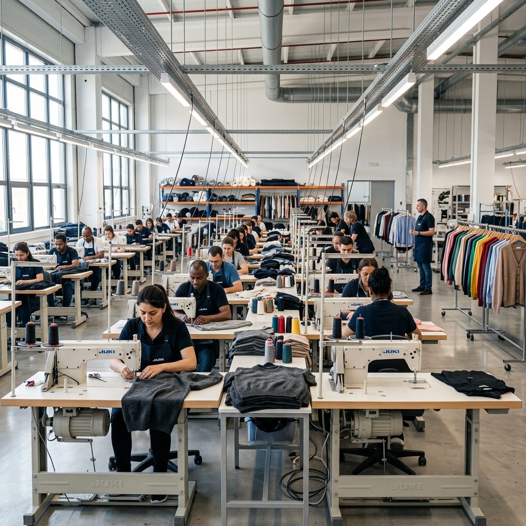 workers working on sewing machines in clothing industry